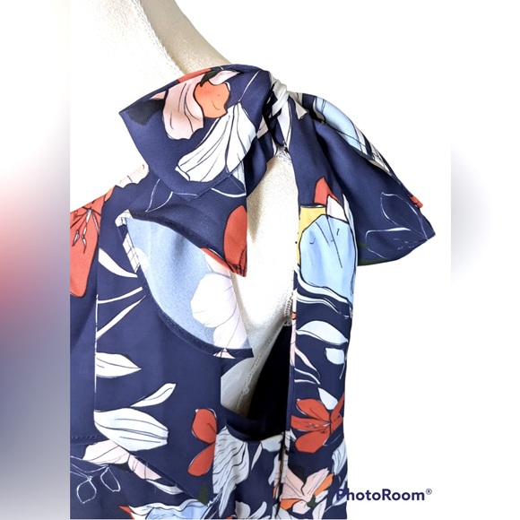 Parker One Shoulder Navy Floral Shift Dress Size Large - Picture 2 of 5